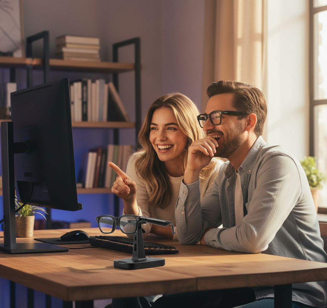 Sleek AI smart glasses with replaceable sunglasses lenses, featuring 8MP camera and open-ear audio design — view 3a