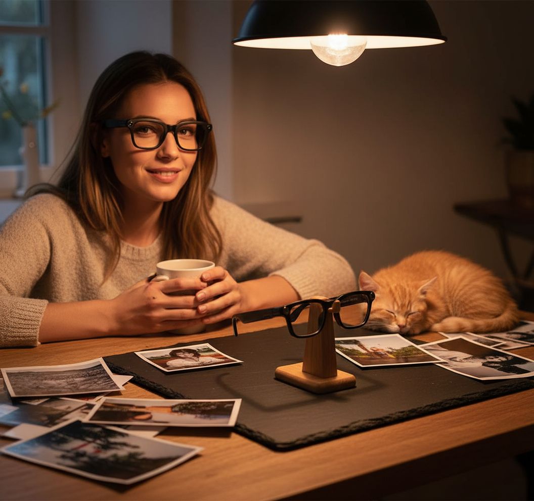Sleek AI smart glasses with replaceable sunglasses lenses, featuring 8MP camera and open-ear audio design — view 3b