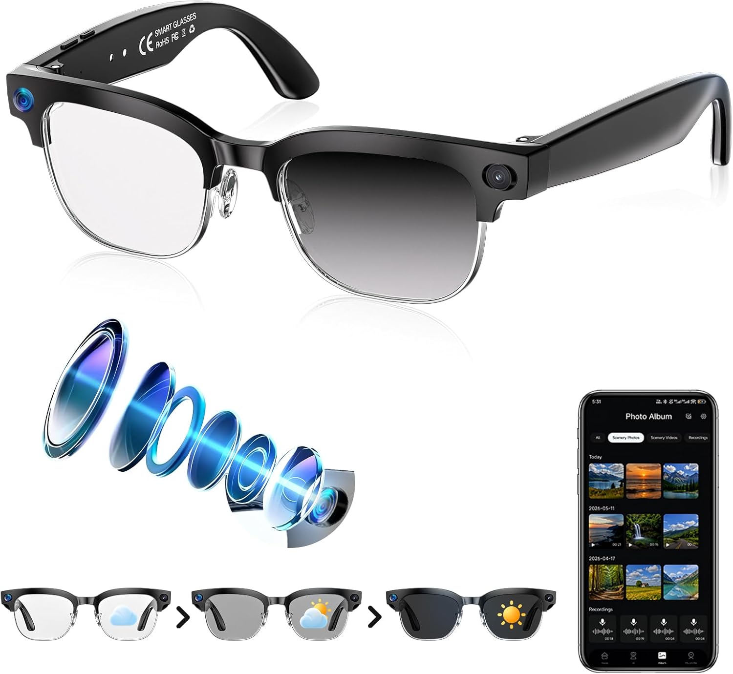 AI-enabled smart glasses with photochromic lenses, showing camera lens and open-ear Bluetooth audio design โ front