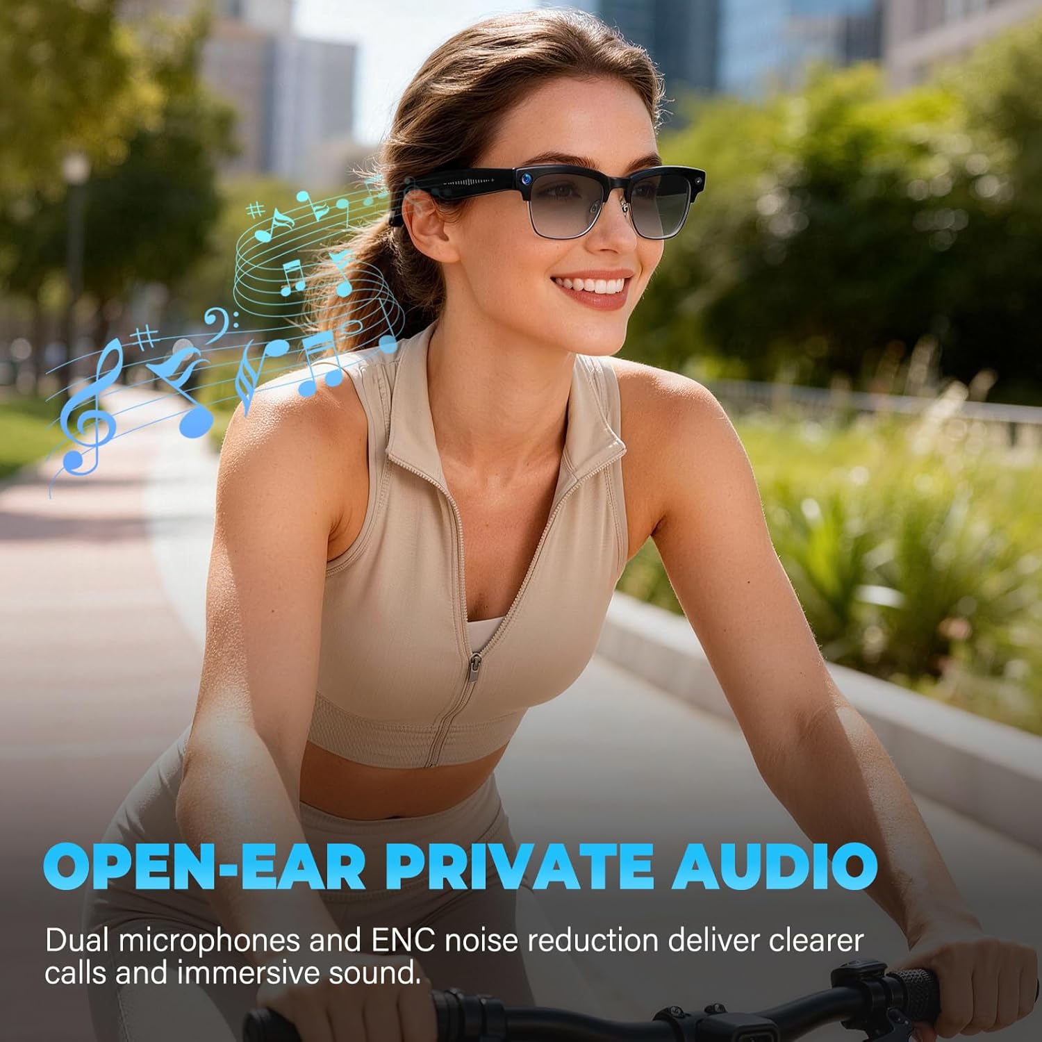 AI-enabled smart glasses with photochromic lenses, showing camera lens and open-ear Bluetooth audio design โ back