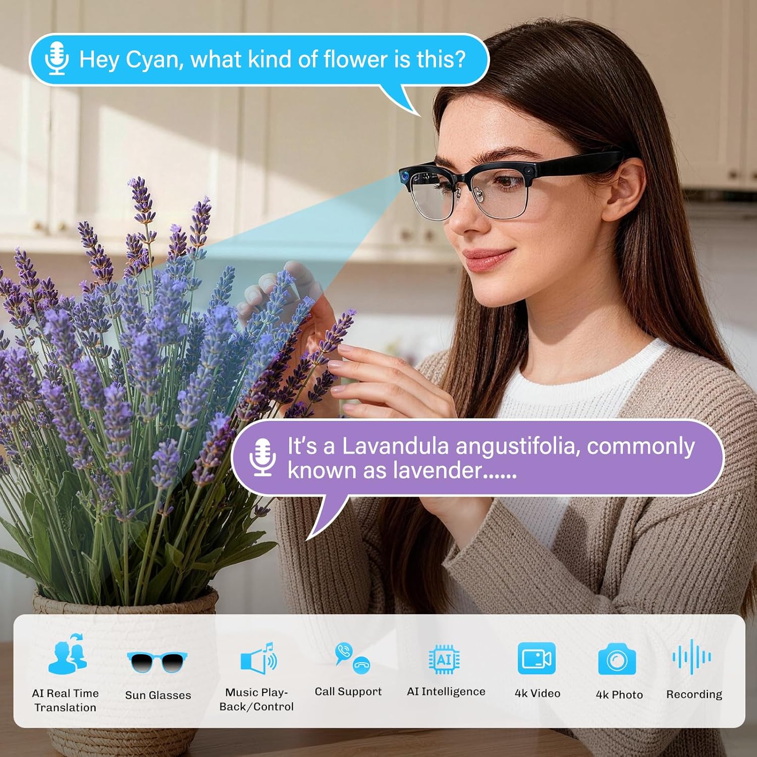 AI-enabled smart glasses with photochromic lenses, showing camera lens and open-ear Bluetooth audio design — view 3