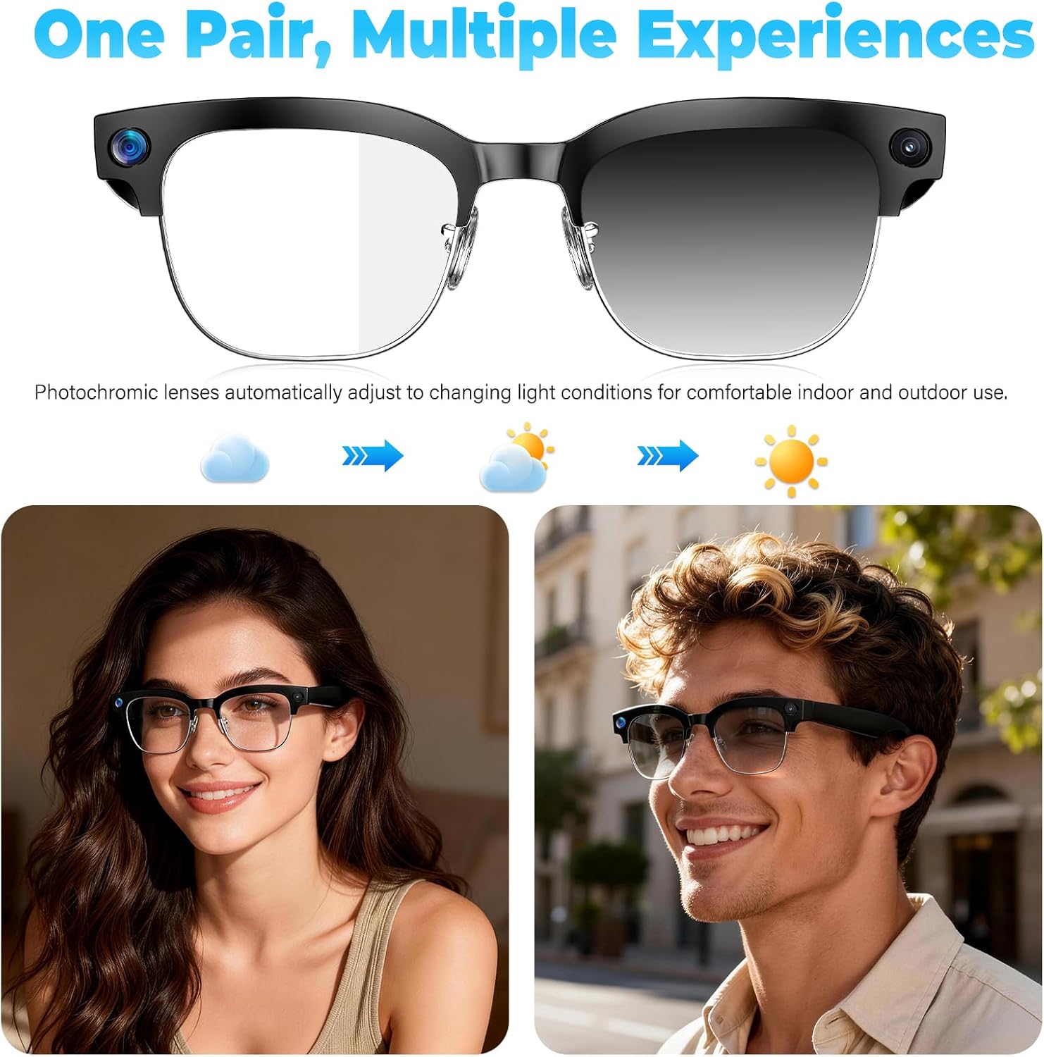 AI-enabled smart glasses with photochromic lenses, showing camera lens and open-ear Bluetooth audio design — view 4