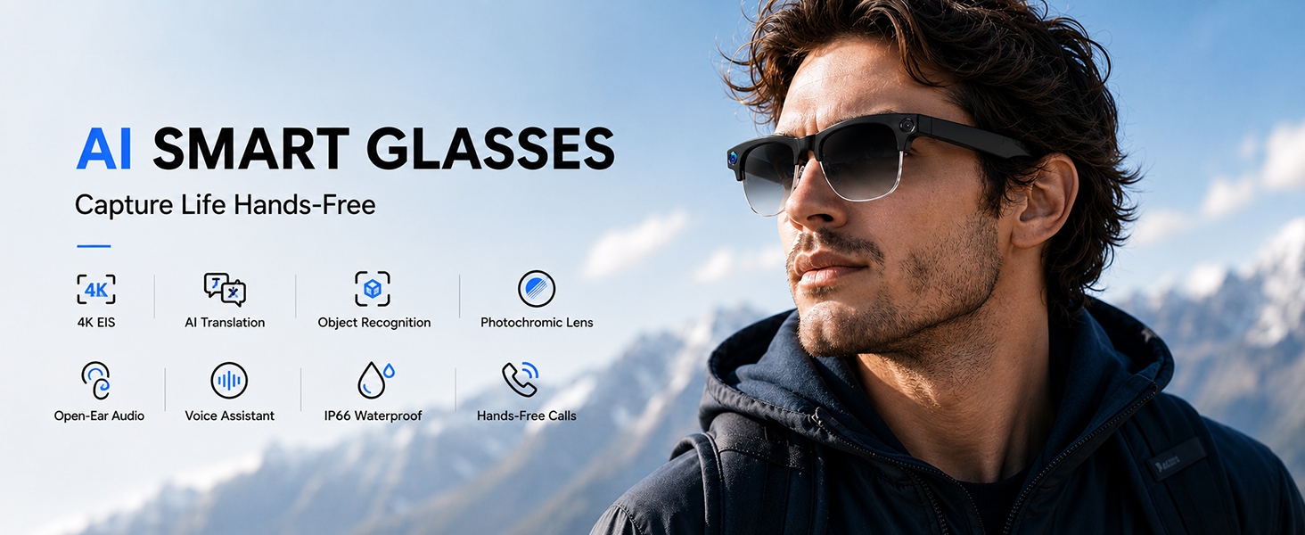 AI-enabled smart glasses with photochromic lenses, showing camera lens and open-ear Bluetooth audio design โ view 4
