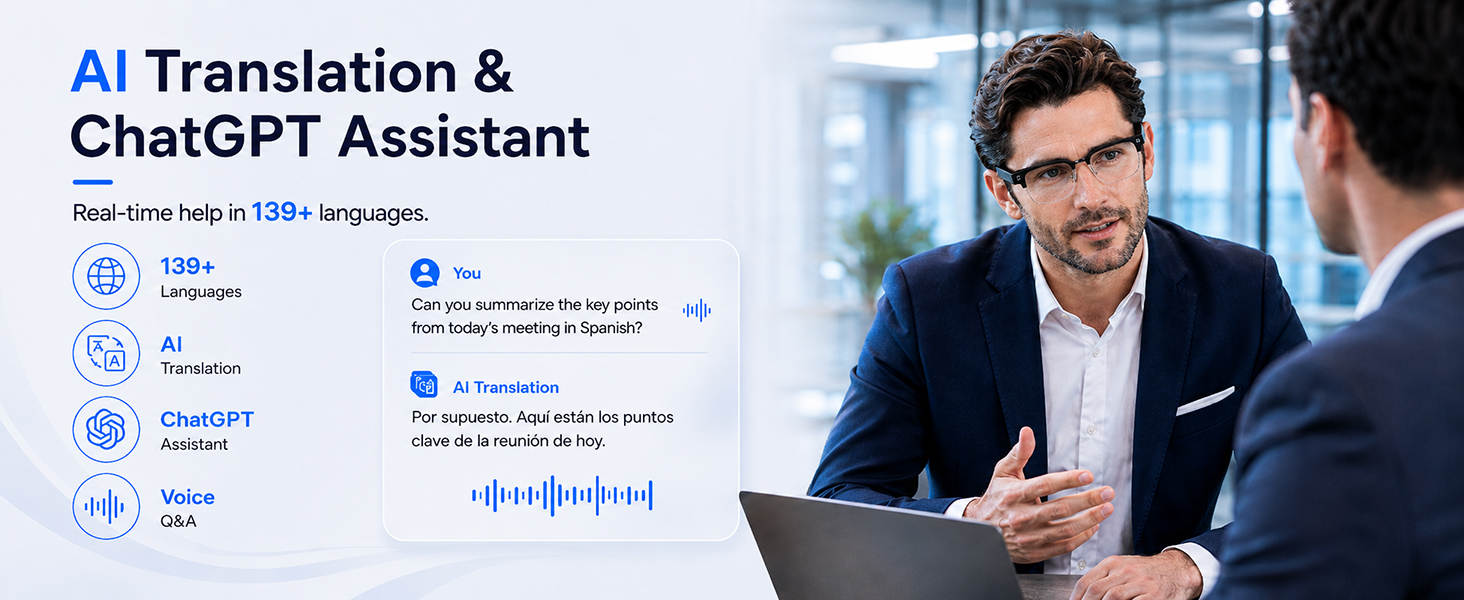 AI-enabled smart glasses with photochromic lenses, showing camera lens and open-ear Bluetooth audio design โ view 6