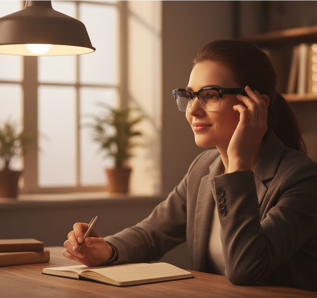 AI-enabled smart glasses with photochromic lenses, showing camera lens and open-ear Bluetooth audio design โ view 1