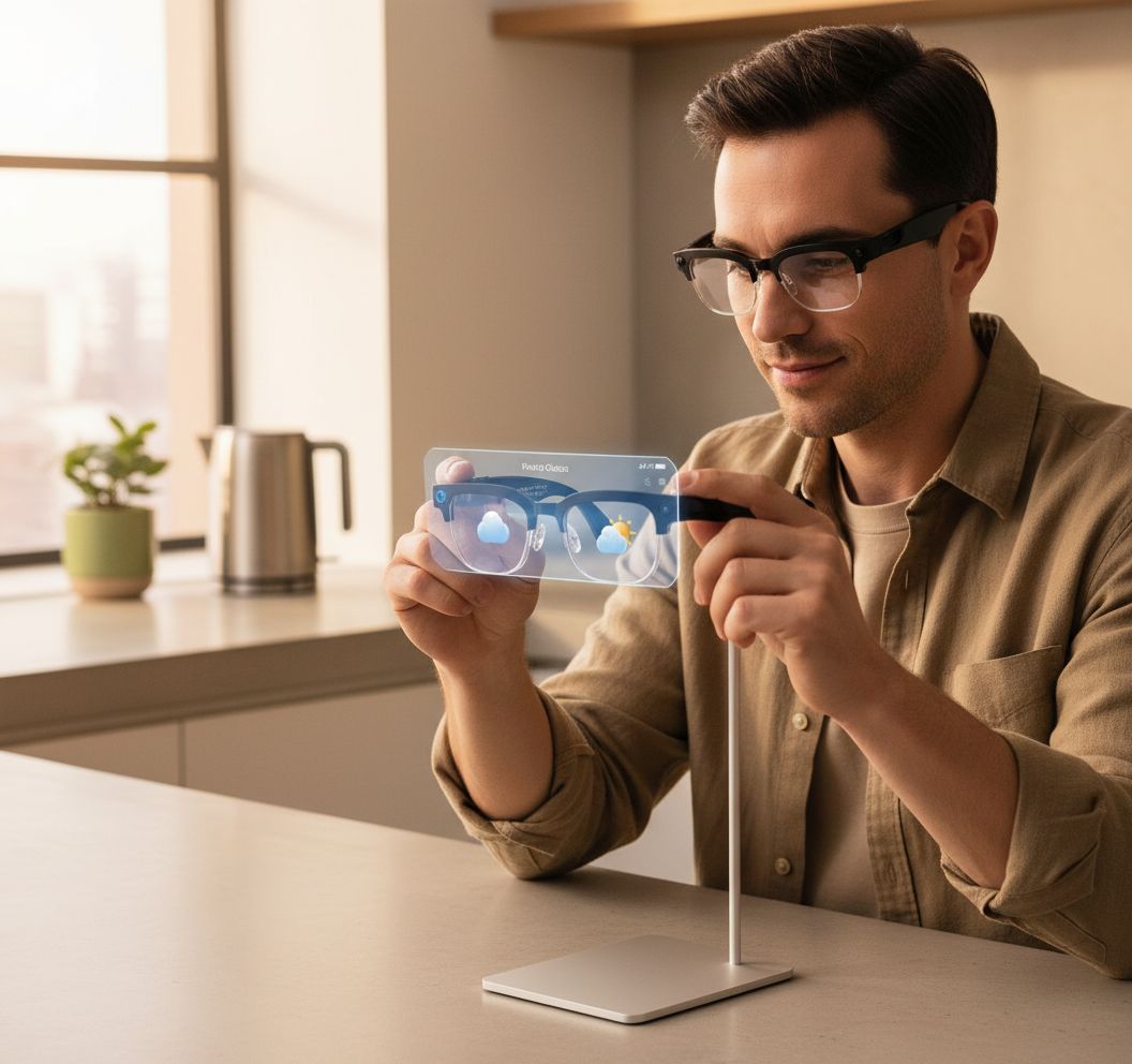 AI-enabled smart glasses with photochromic lenses, showing camera lens and open-ear Bluetooth audio design โ view 2