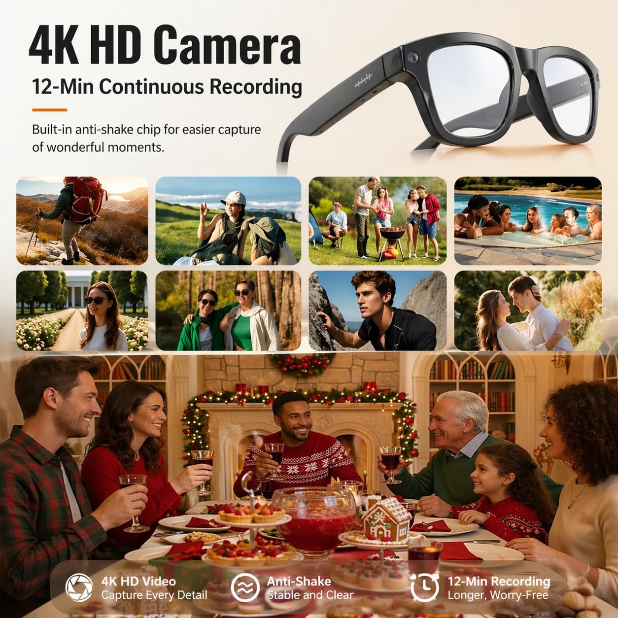 Sleek AI smart glasses with integrated 4K camera and open-ear audio design, shown from front and side angles — view 2