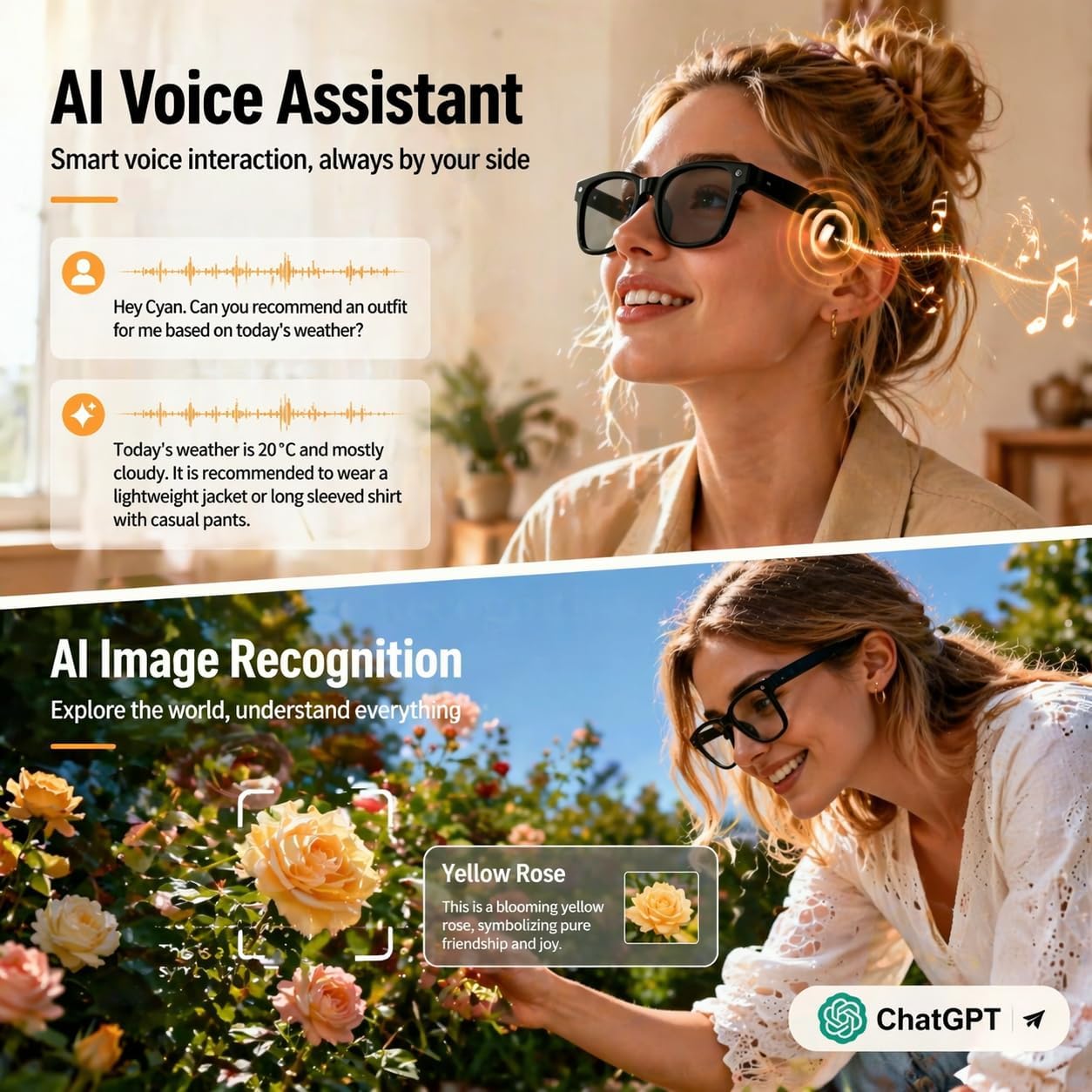 Sleek AI smart glasses with integrated 4K camera and open-ear audio design, shown from front and side angles — view 3