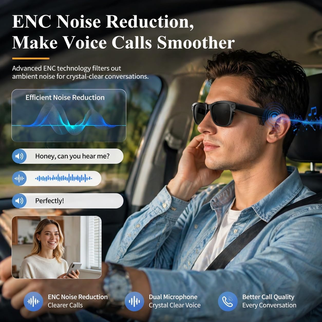 Sleek AI smart glasses with integrated 4K camera and open-ear audio design, shown from front and side angles — view 4