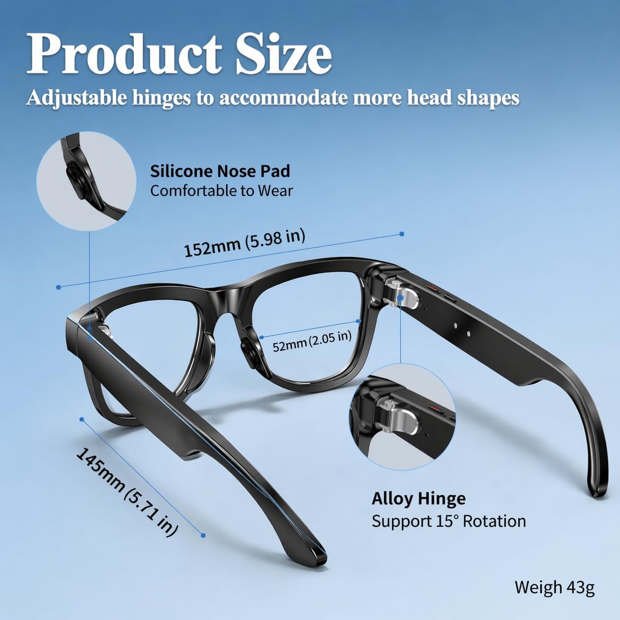 Sleek AI smart glasses with integrated 4K camera and open-ear audio design, shown from front and side angles — view 3