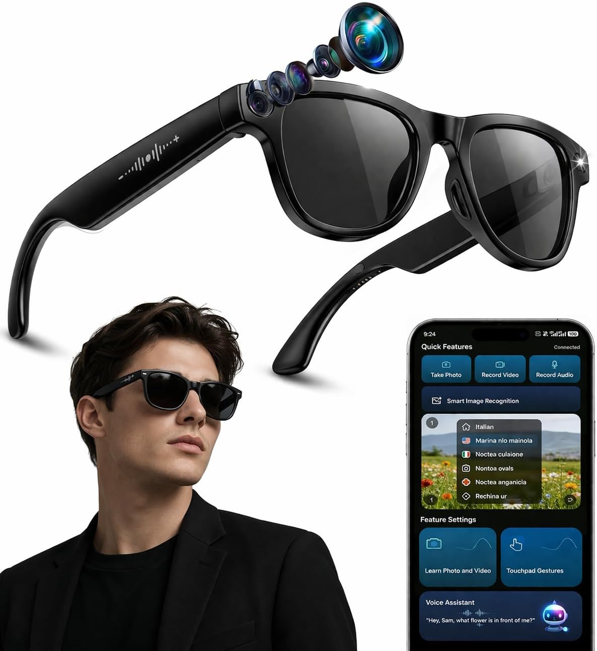 Sleek AI smart glasses with integrated 4K camera and open-ear audio design, shown from front and side angles — view 2