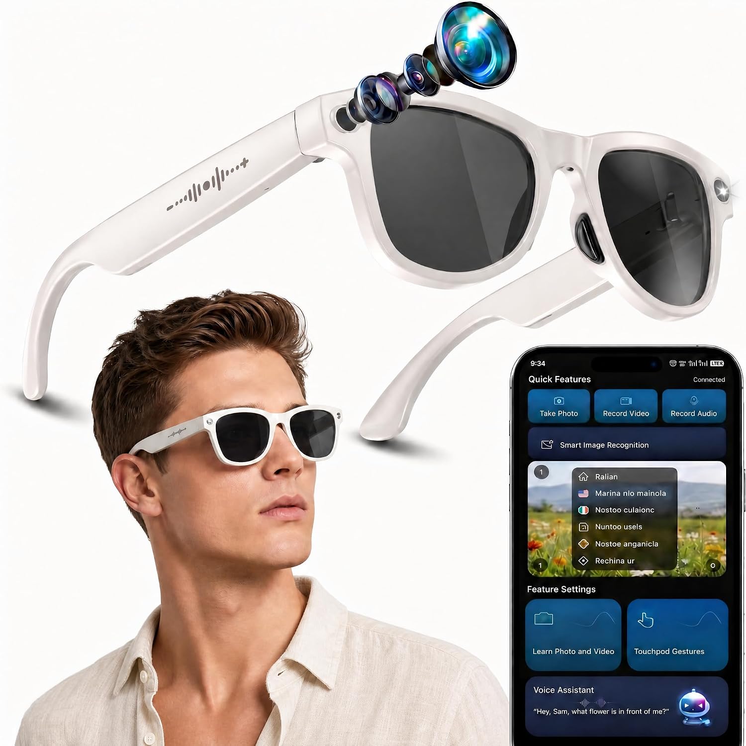 Sleek AI smart glasses with integrated 4K camera and open-ear audio design, shown from front and side angles — view 3a
