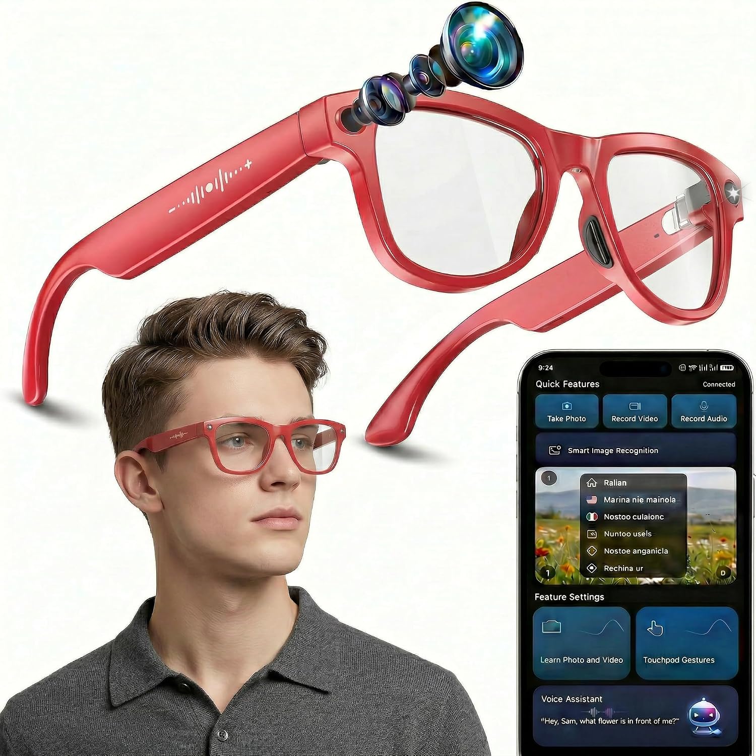 Sleek AI smart glasses with integrated 4K camera and open-ear audio design, shown from front and side angles — view 3b