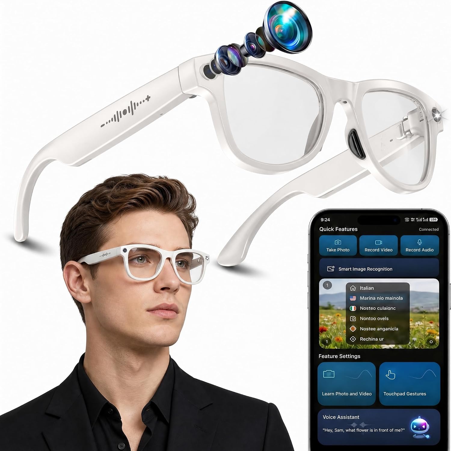 Sleek AI smart glasses with integrated 4K camera and open-ear audio design, shown from front and side angles — view 4