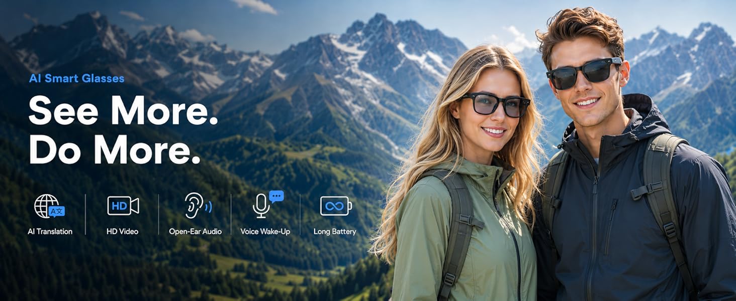 Sleek AI smart glasses with integrated 4K camera and open-ear audio design, shown from front and side angles — view 5a