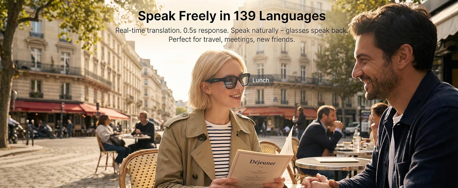 Sleek AI smart glasses with integrated 4K camera and open-ear audio design, shown from front and side angles — view 6