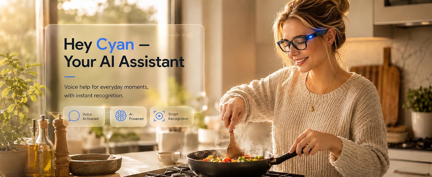 Sleek AI smart glasses with integrated 4K camera and open-ear audio design, shown from front and side angles — view 7a