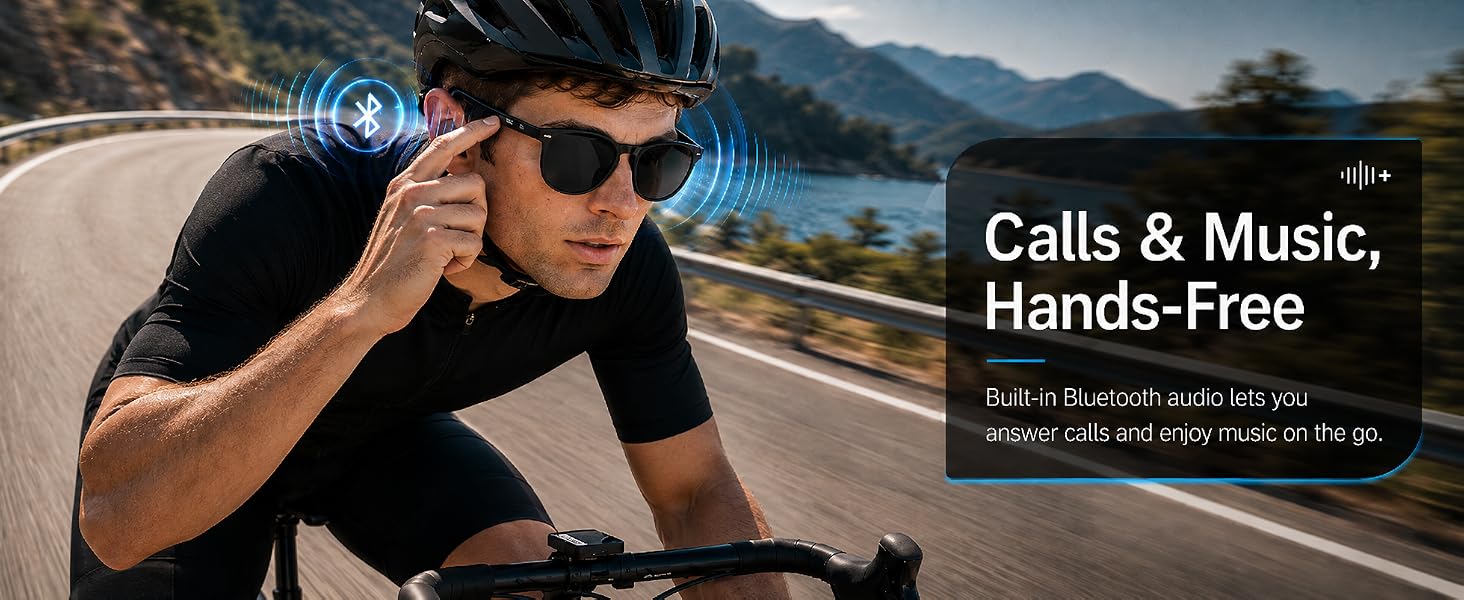 Sleek AI smart glasses with integrated 4K camera and open-ear audio design, shown from front and side angles — view 7b