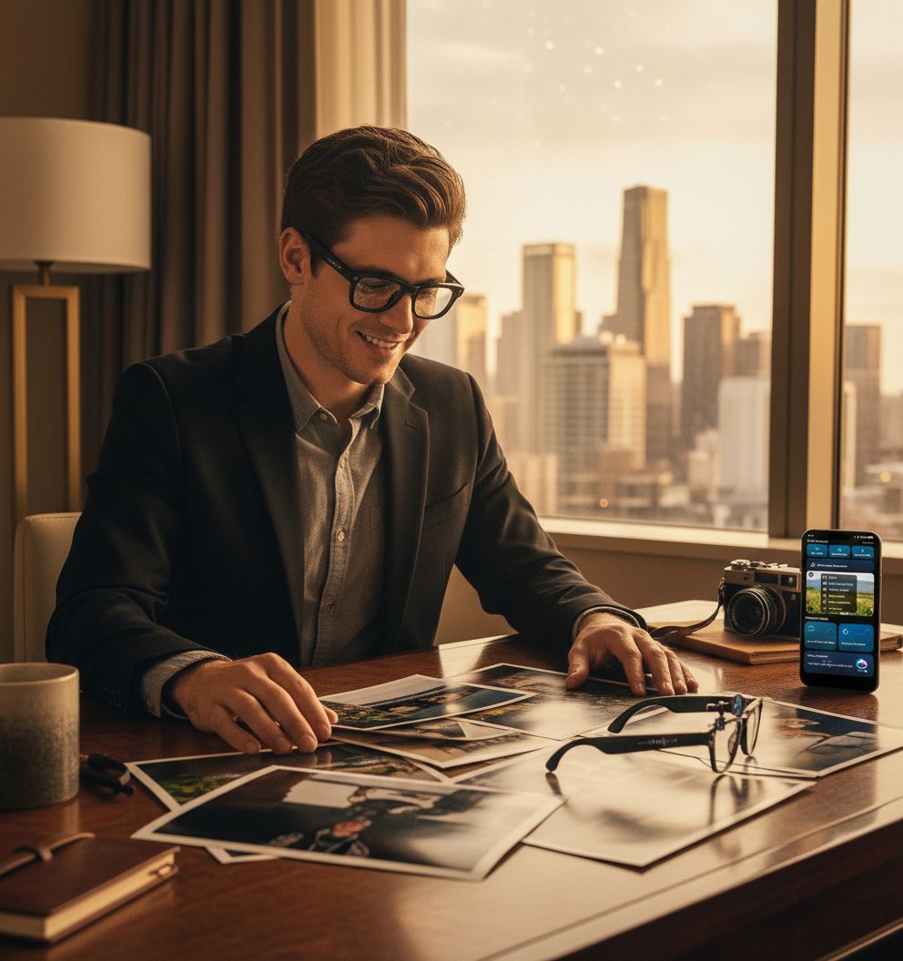Sleek AI smart glasses with integrated 4K camera and open-ear audio design, shown from front and side angles — view 1