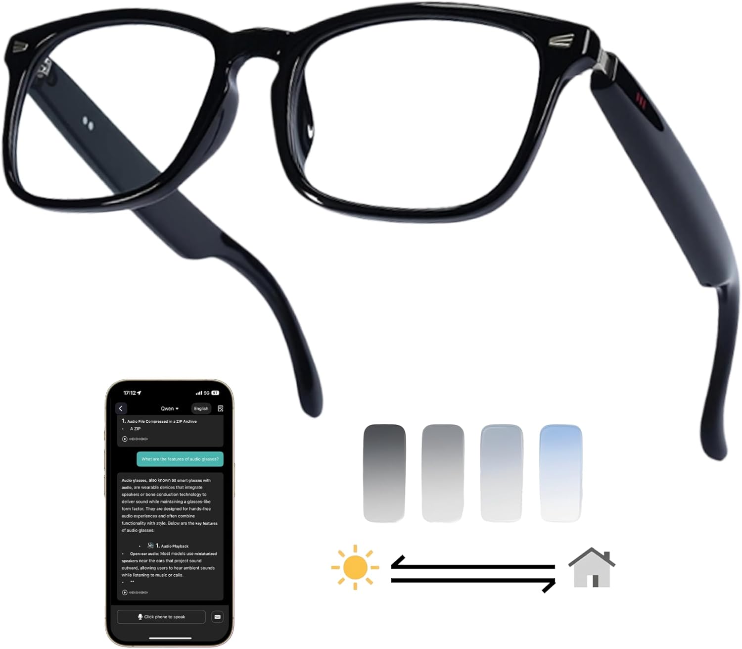 AI translation smart glasses with photochromic lenses and Bluetooth speakers, sleek design — front