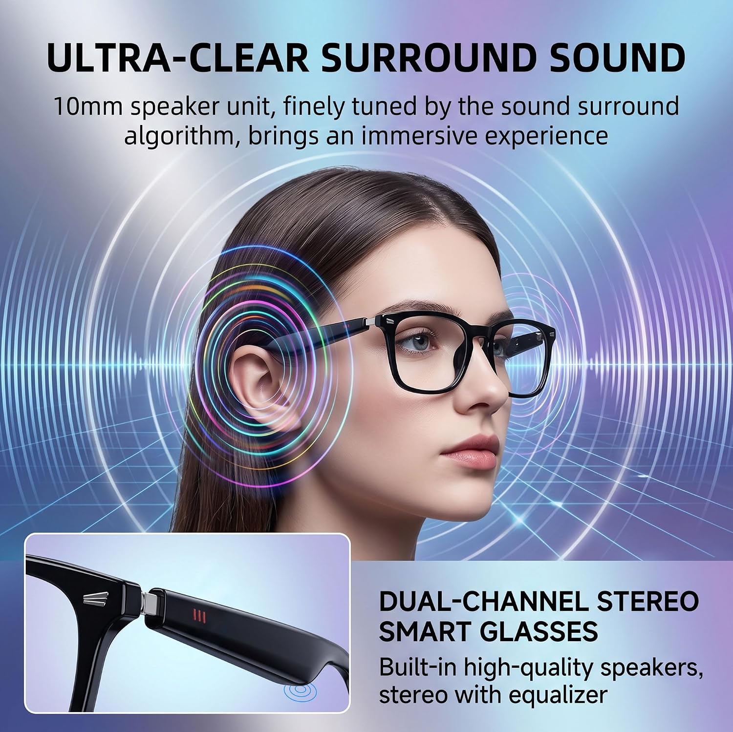 AI translation smart glasses with photochromic lenses and Bluetooth speakers, sleek design — side