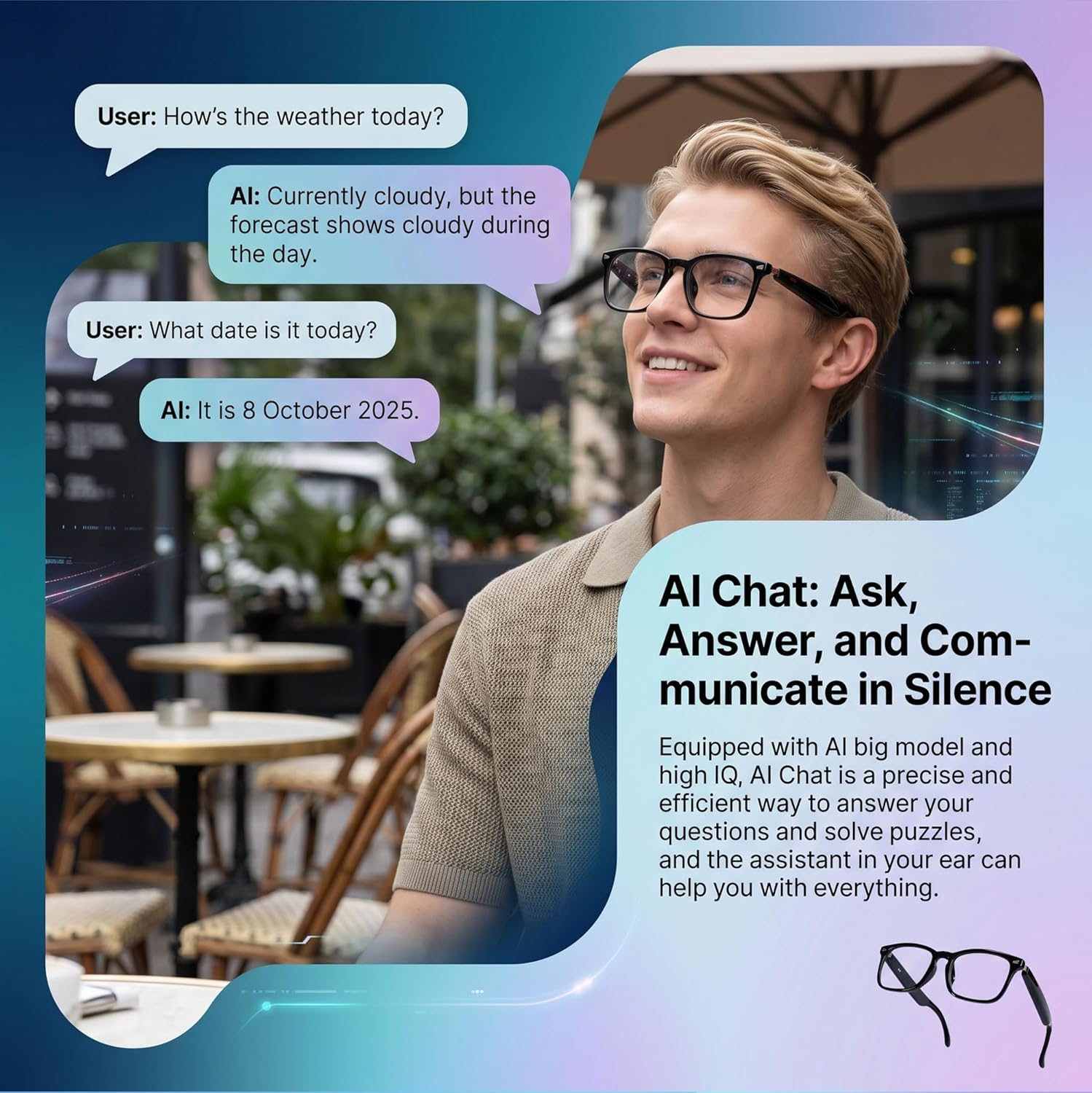AI translation smart glasses with photochromic lenses and Bluetooth speakers, sleek design — back