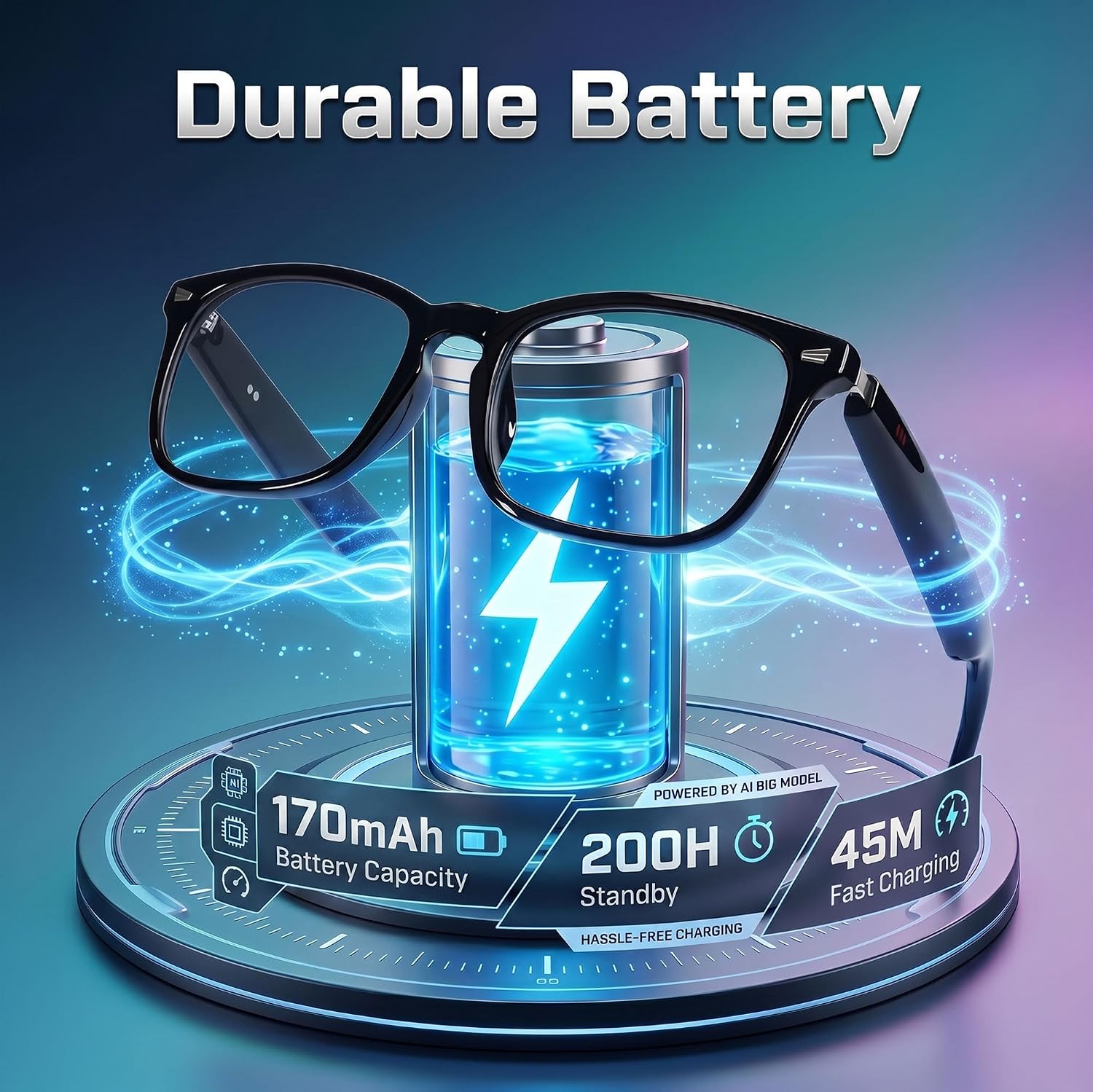 AI translation smart glasses with photochromic lenses and Bluetooth speakers, sleek design — view 2