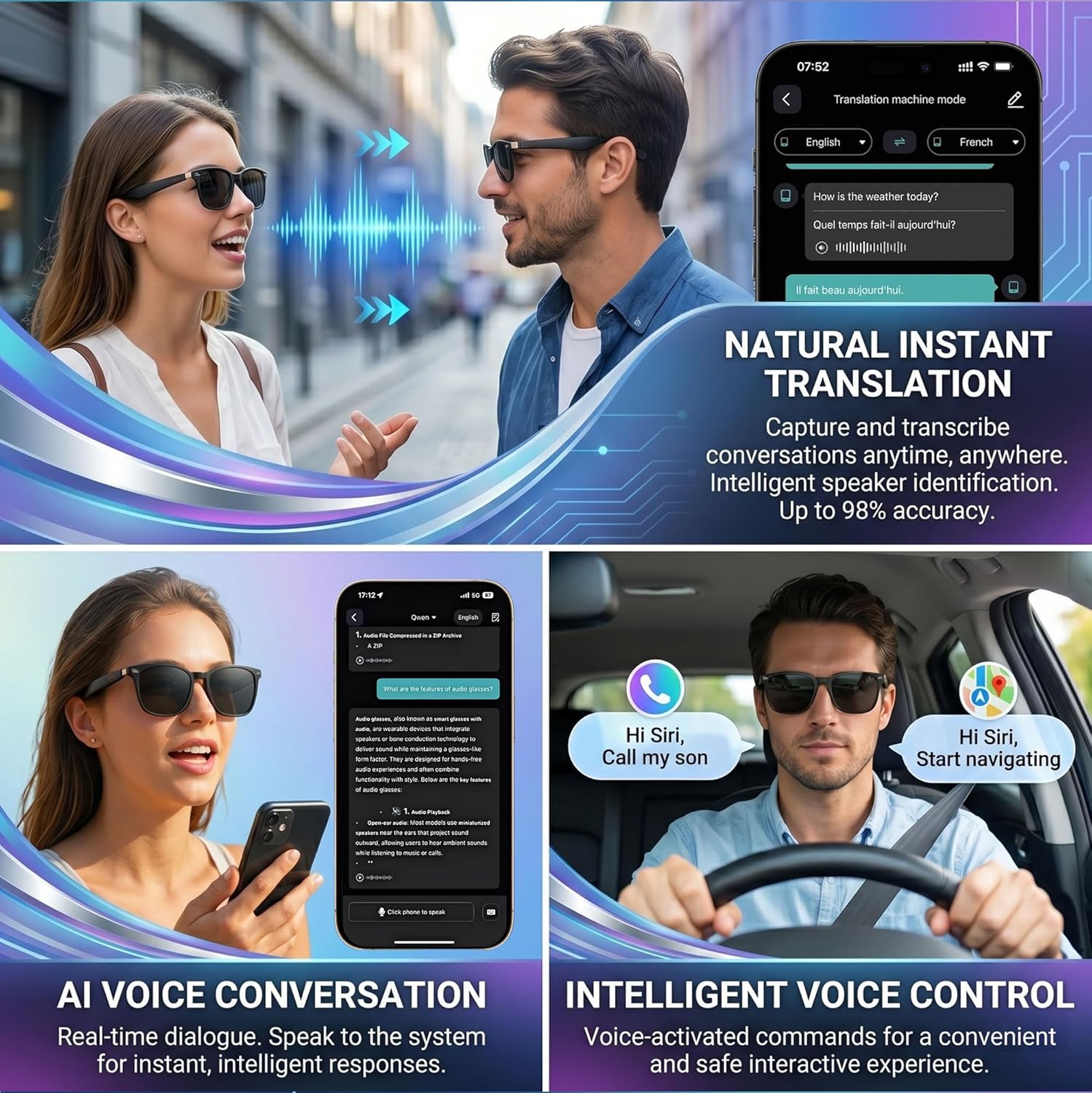 AI translation smart glasses with photochromic lenses and Bluetooth speakers, sleek design — view 3