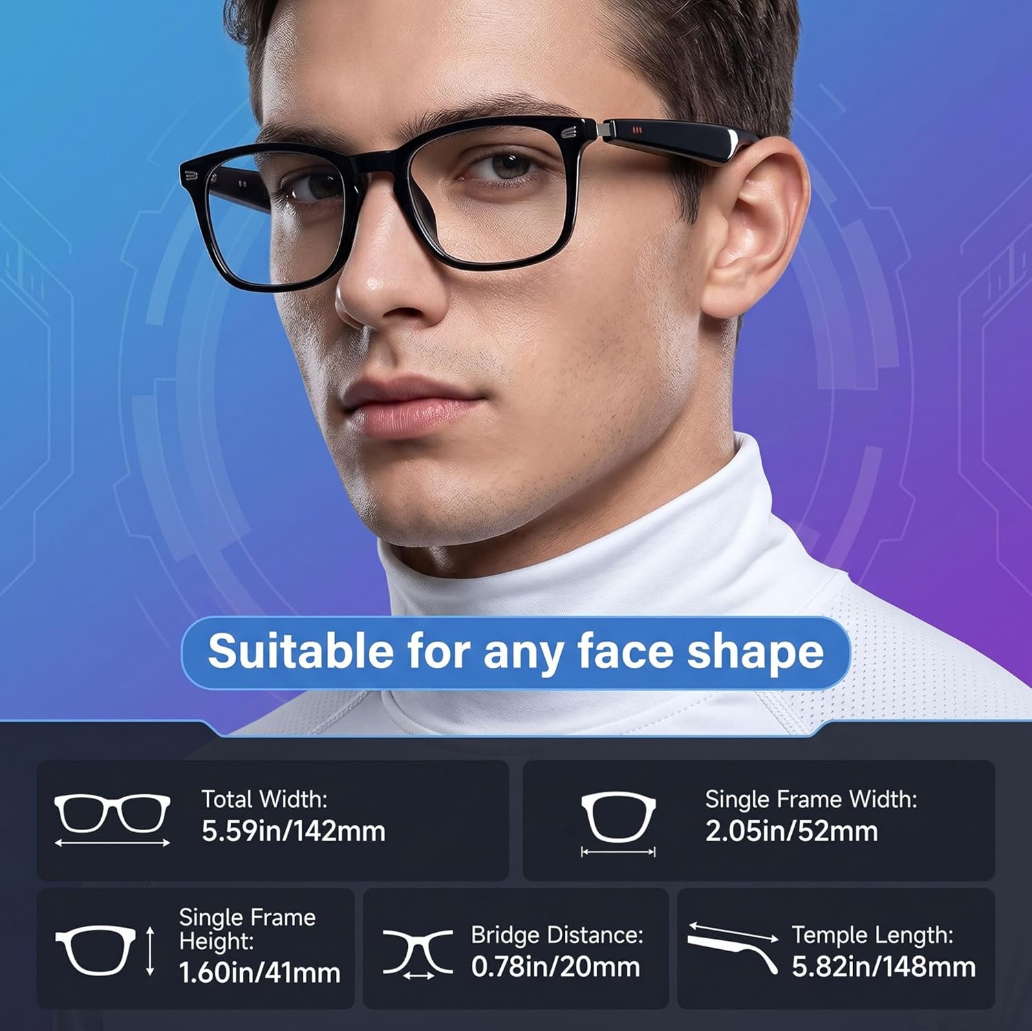 AI translation smart glasses with photochromic lenses and Bluetooth speakers, sleek design — view 5