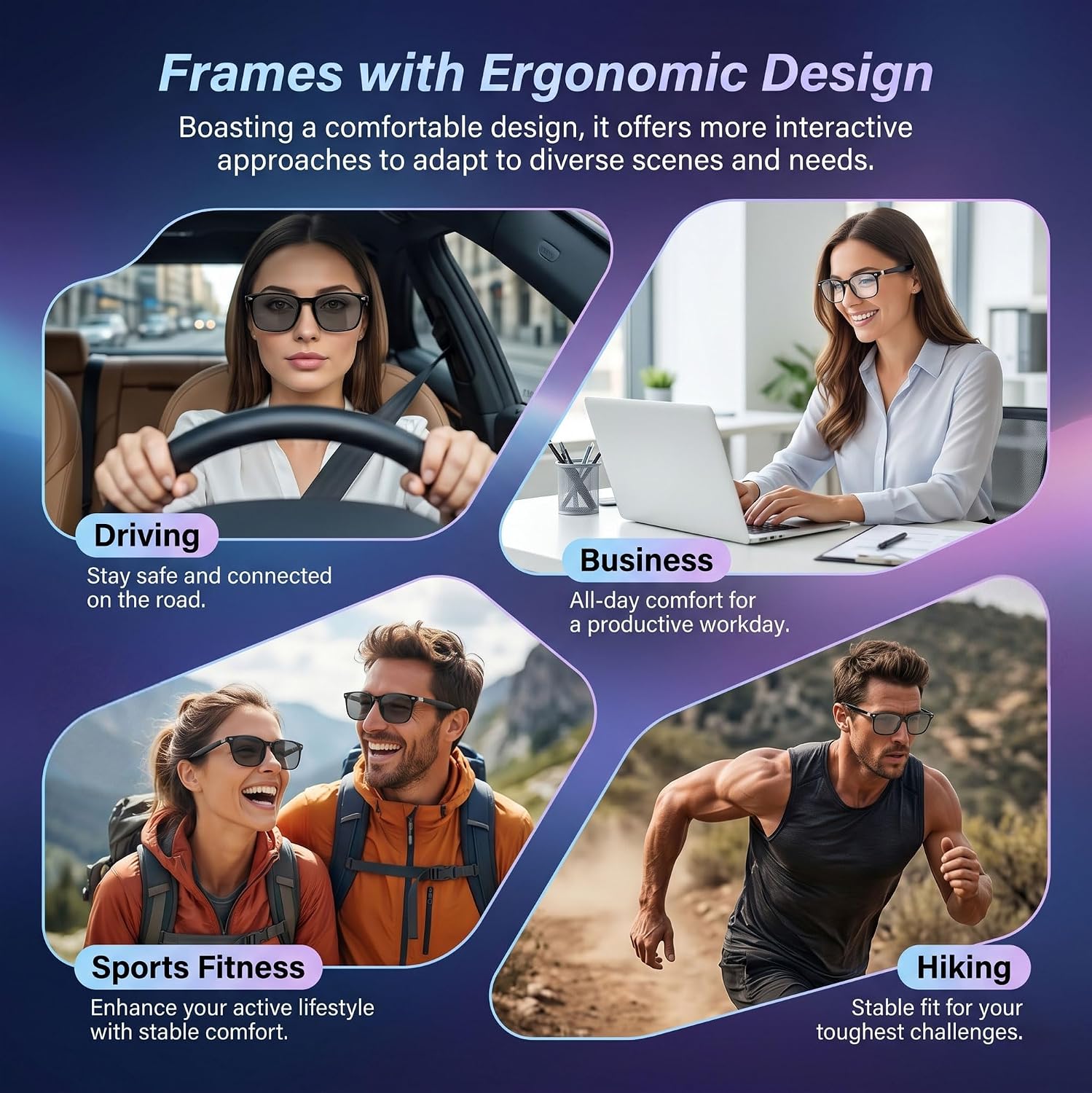 AI translation smart glasses with photochromic lenses and Bluetooth speakers, sleek design — view 3a