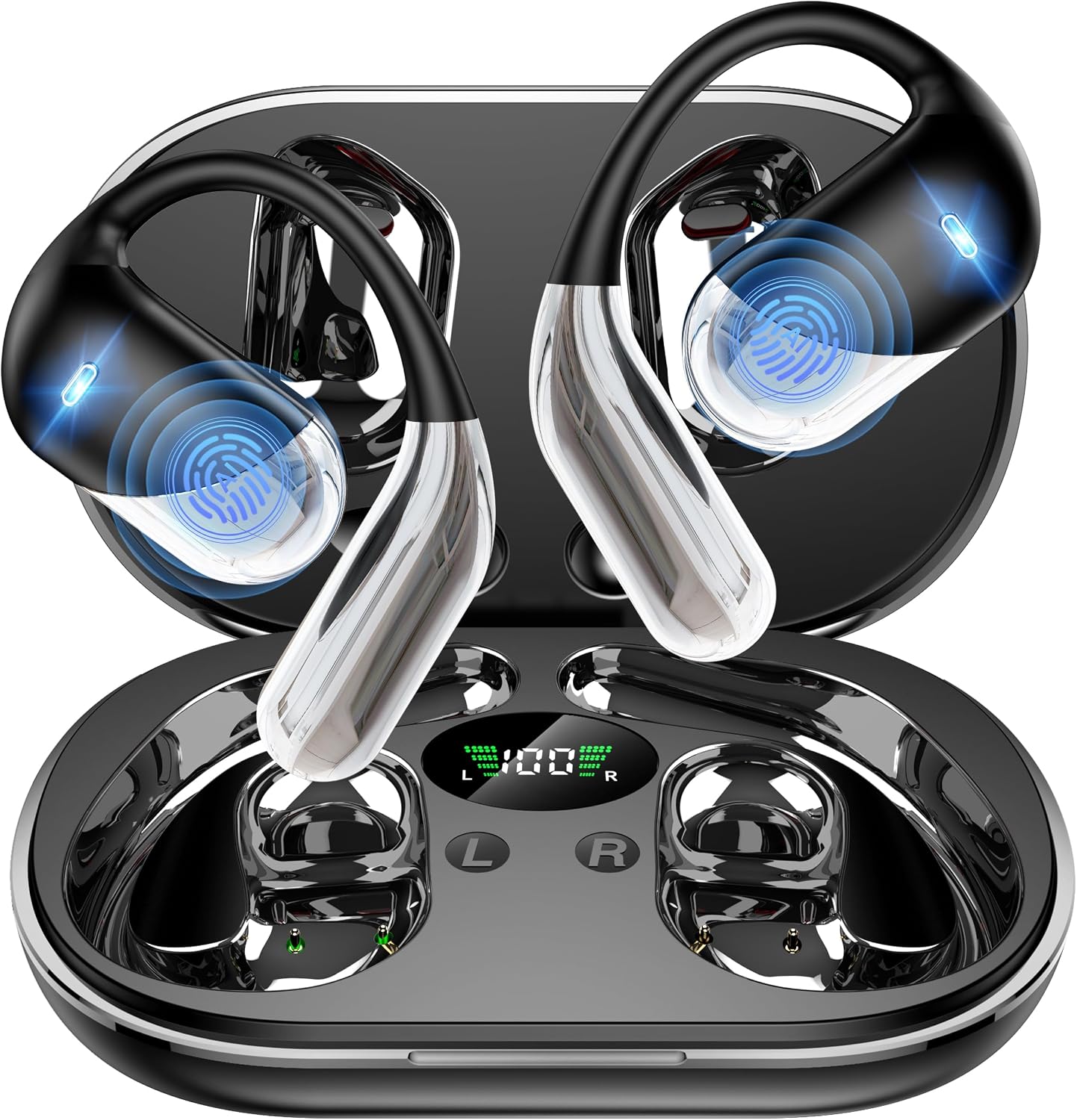 Minimalist in-ear translation earbuds with Bluetooth connectivity, shown in charging case — view 1