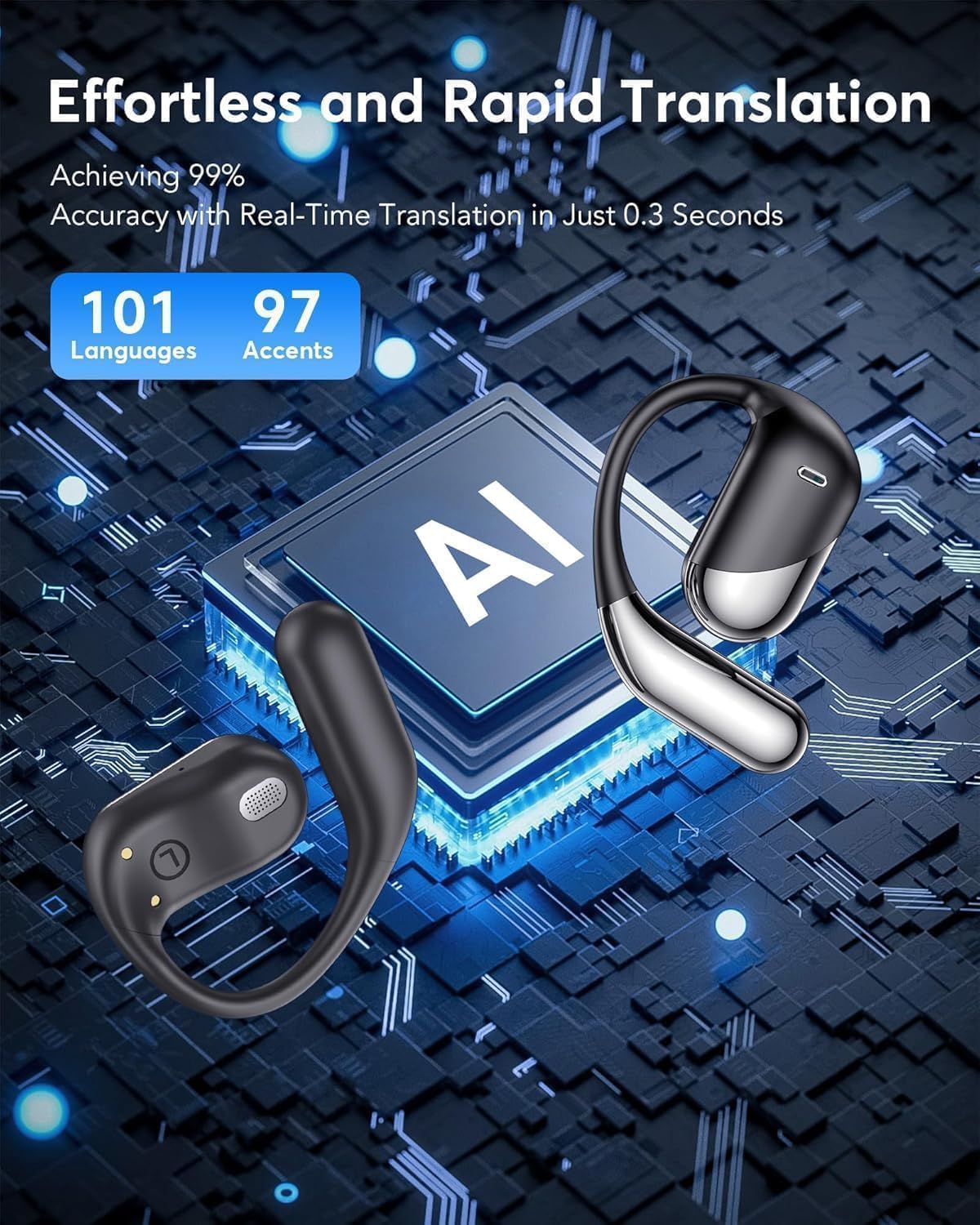 Minimalist in-ear translation earbuds with Bluetooth connectivity, shown in charging case — view 2