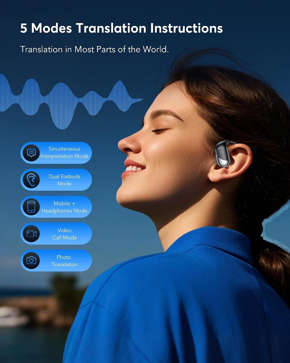 Minimalist in-ear translation earbuds with Bluetooth connectivity, shown in charging case — view 4