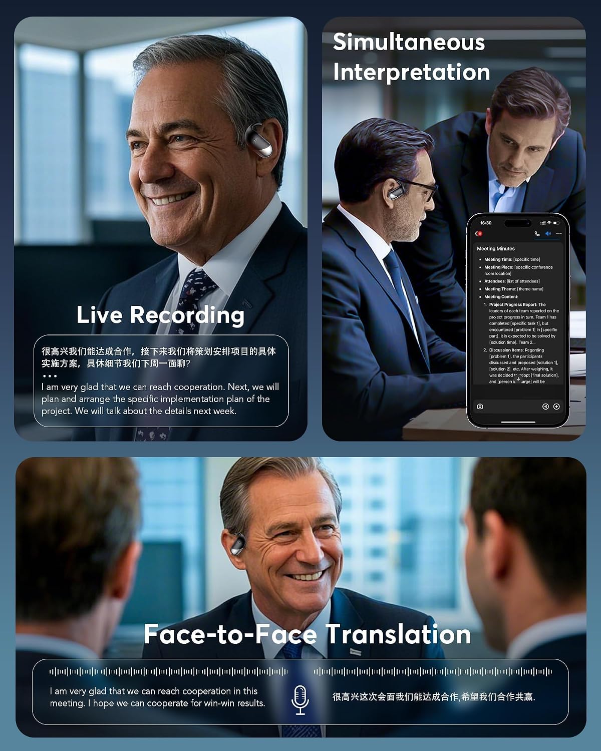 Minimalist in-ear translation earbuds with Bluetooth connectivity, shown in charging case — view 3