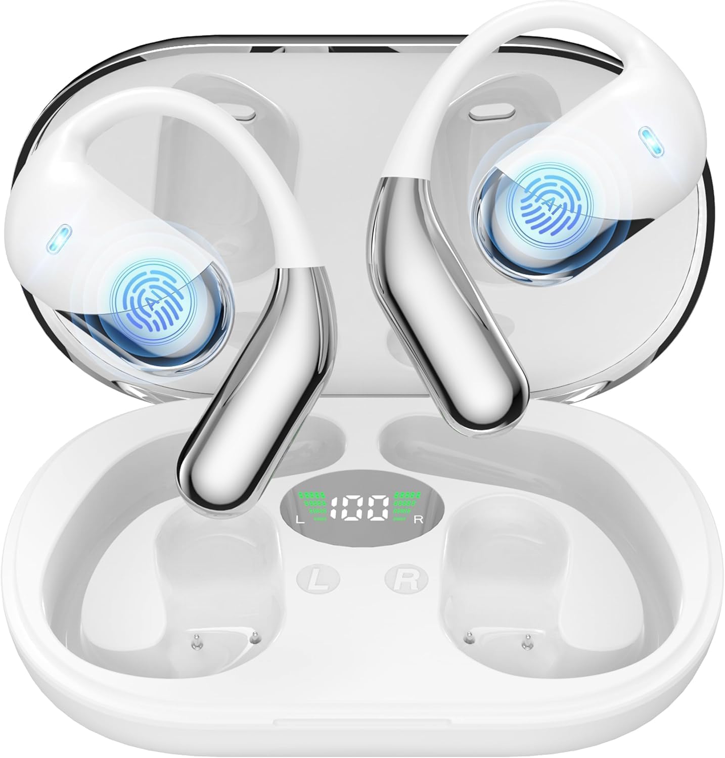 Minimalist in-ear translation earbuds with Bluetooth connectivity, shown in charging case — view 1