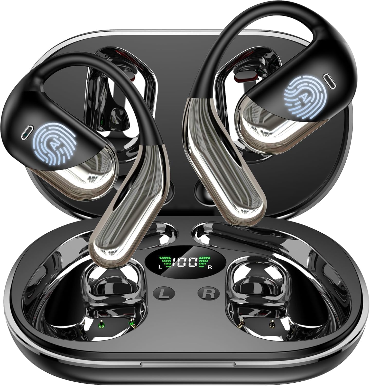 Minimalist in-ear translation earbuds with Bluetooth connectivity, shown in charging case — view 2