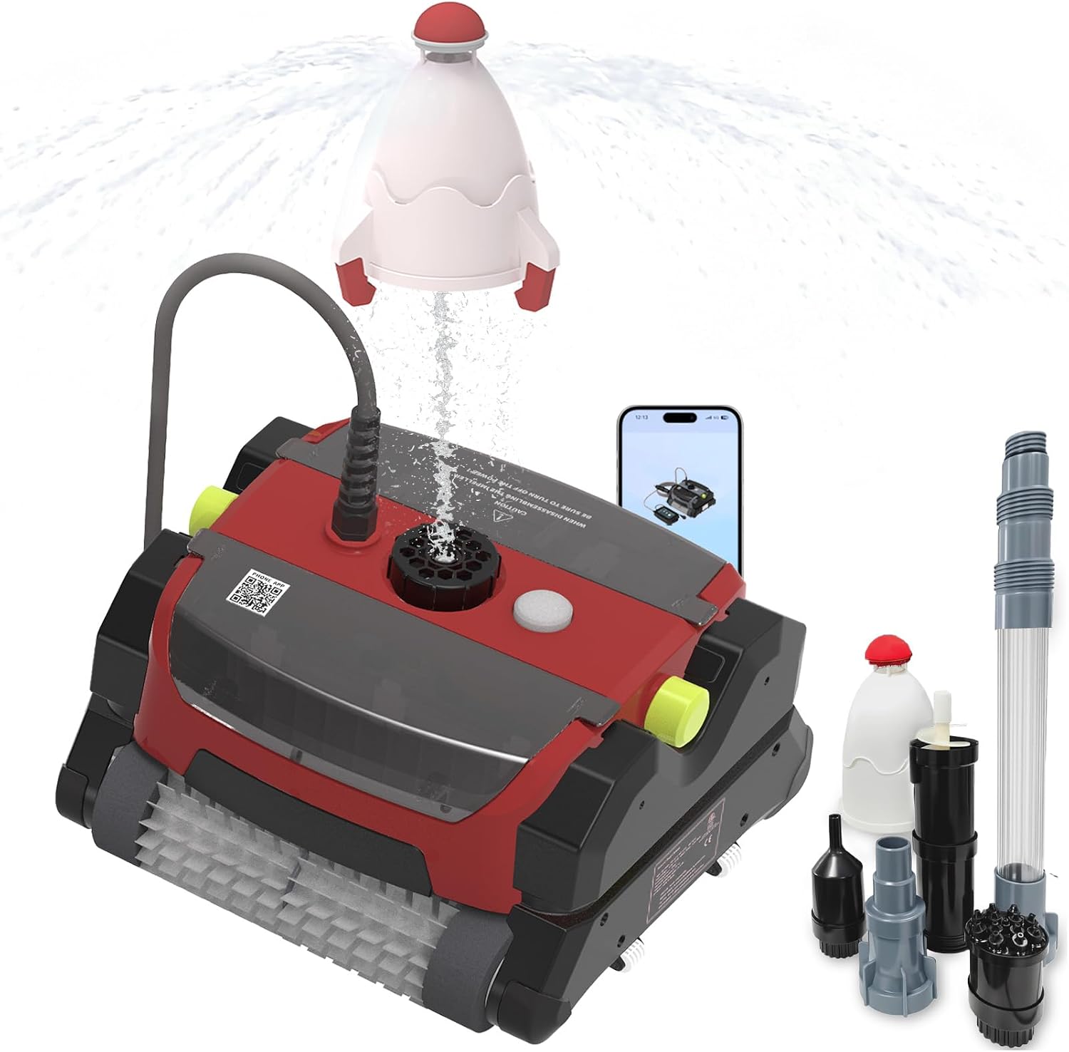 Robotic Pool Vacuum Cleaner, Wall-Climbing, 360° Kink-Free Patented Tech, 150W Strong Suction, Top-Mounted Large Filter, 56ft Cord, with Underwater Fountain & Rocket Toy Launcher, Red