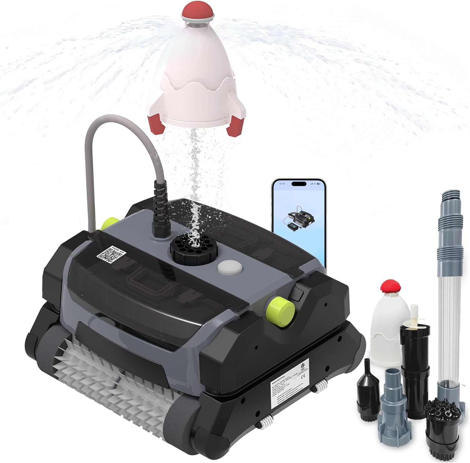 Robotic Pool Vacuum Cleaner, Wall-Climbing, 360° Kink-Free Patented Tech, 150W Strong Suction, Top-Mounted Large Filter, 56ft Cord, with Underwater Fountain & Rocket Toy Launcher, Grey