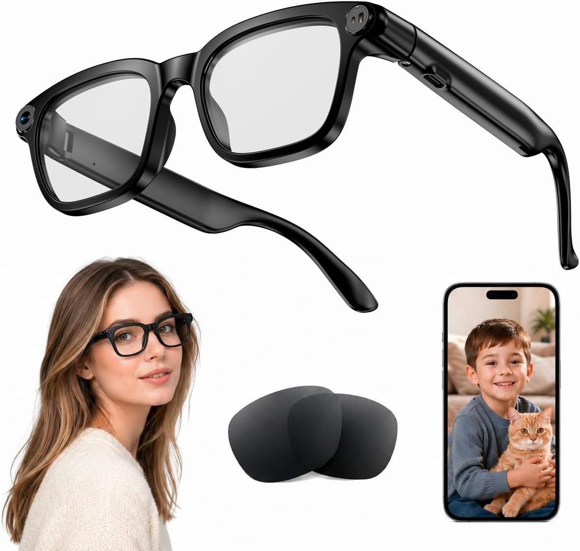 AI Smart Glasses with 8MP Camera, 4K Video, Photo Capture, Real-Time Translation, Recording, AI Assistant, Open-Ear Audio, Bluetooth, Object Recognition, Replaceable Sunglasses Lenses for Men Women