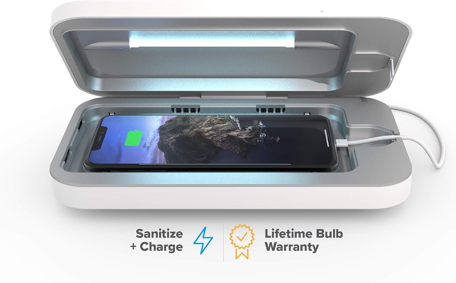 White minimalist UV phone sanitizer box with dual charging ports, front view โ front
