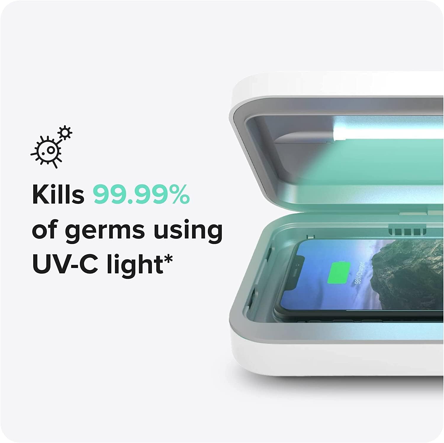 White minimalist UV phone sanitizer box with dual charging ports, front view โ side