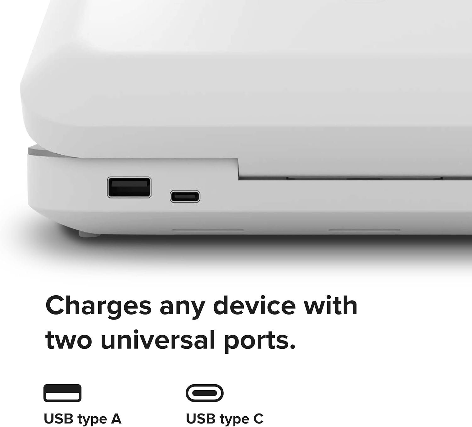White minimalist UV phone sanitizer box with dual charging ports, front view โ detail