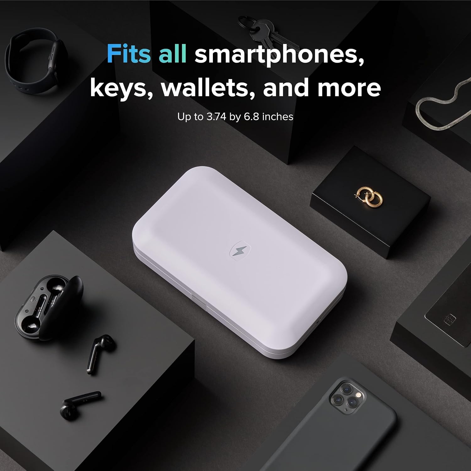 White minimalist UV phone sanitizer box with dual charging ports, front view — view 3