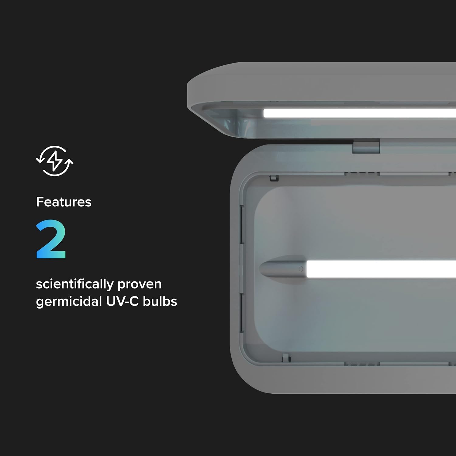 White minimalist UV phone sanitizer box with dual charging ports, front view — view 4