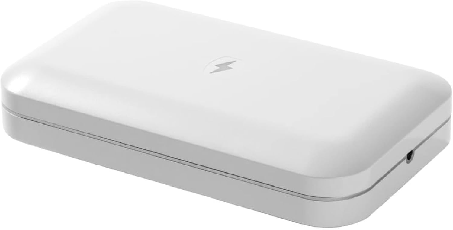 White minimalist UV phone sanitizer box with dual charging ports, front view โ view 3a