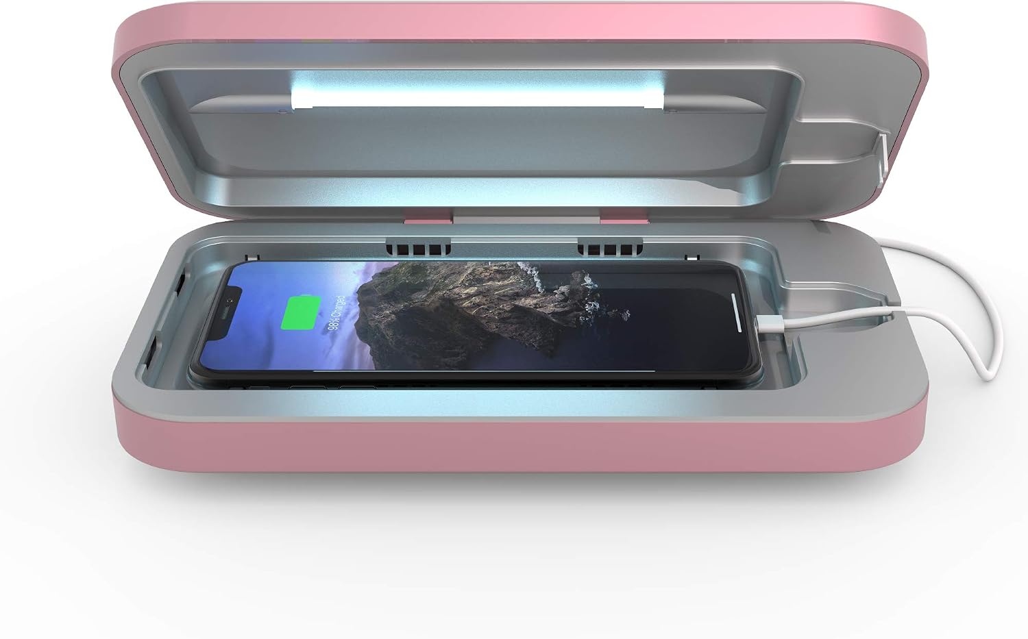 White minimalist UV phone sanitizer box with dual charging ports, front view โ view 3b