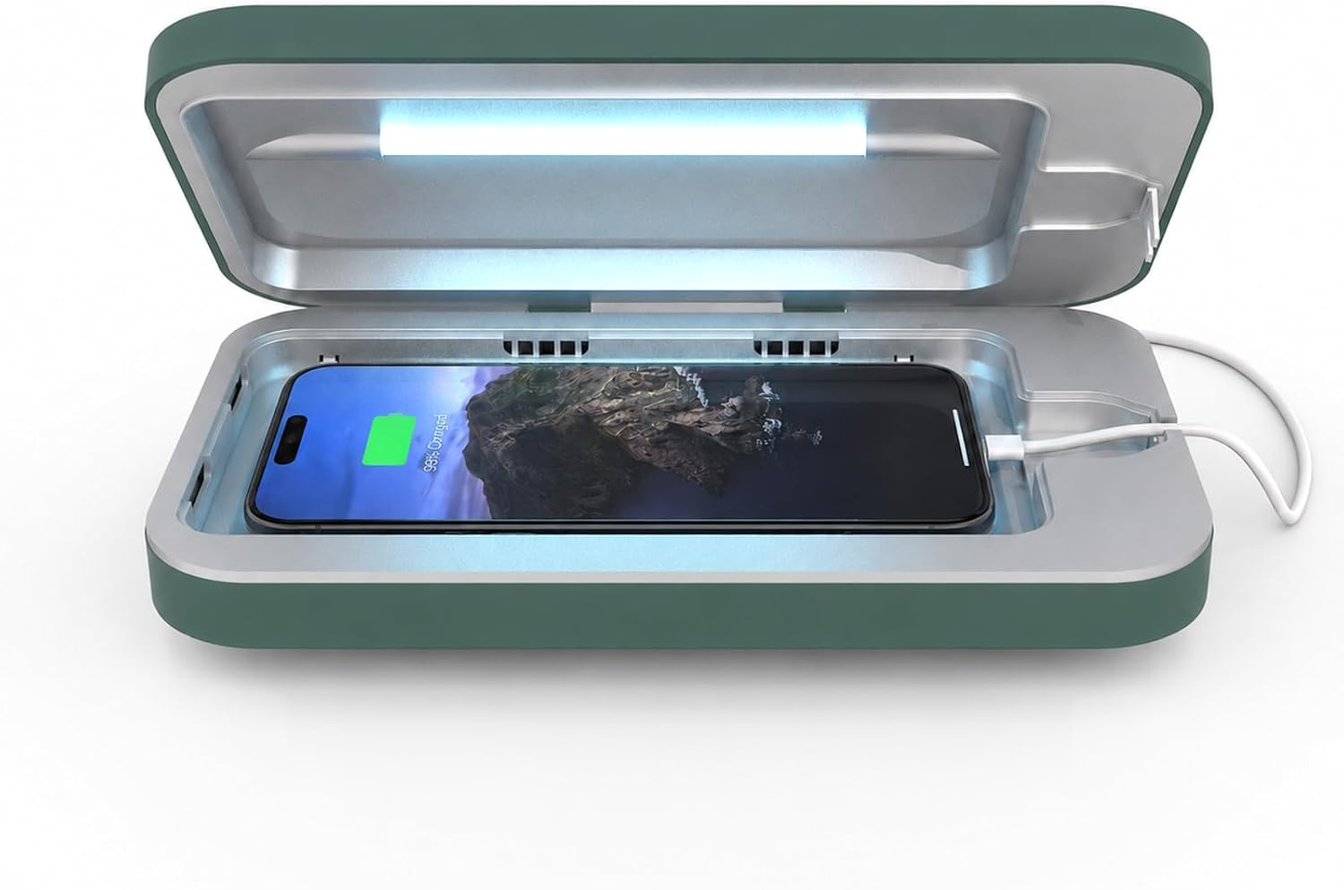 White minimalist UV phone sanitizer box with dual charging ports, front view โ view 4