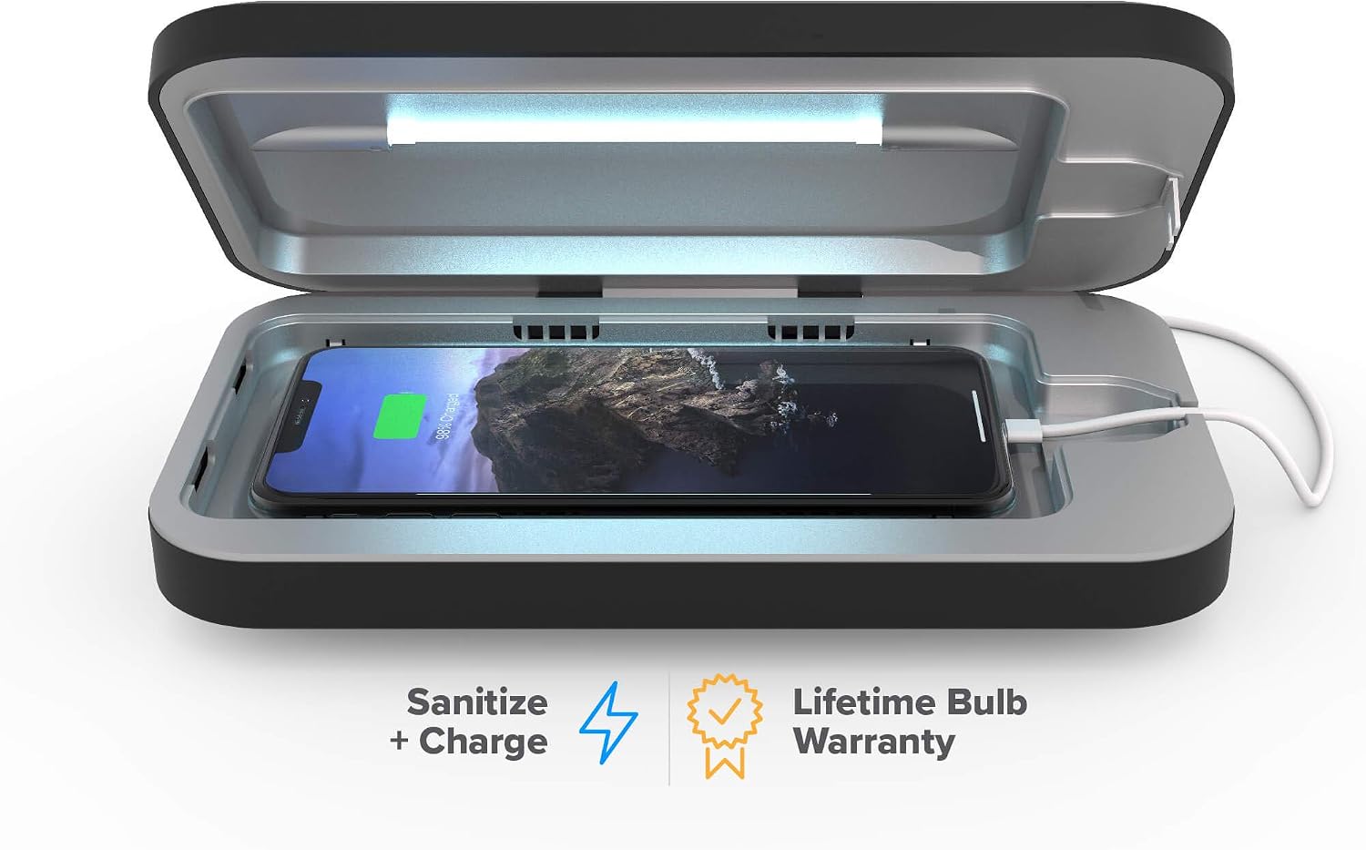 White minimalist UV phone sanitizer box with dual charging ports, front view โ view 5a