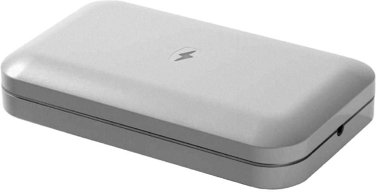 White minimalist UV phone sanitizer box with dual charging ports, front view โ view 5b