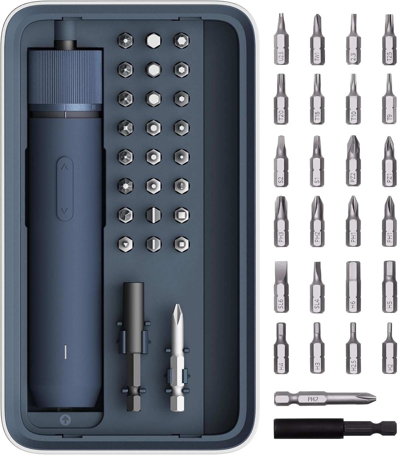 25-piece cordless electric screwdriver kit with USB-C charging, black utilitarian design, includes bits and accessories — front